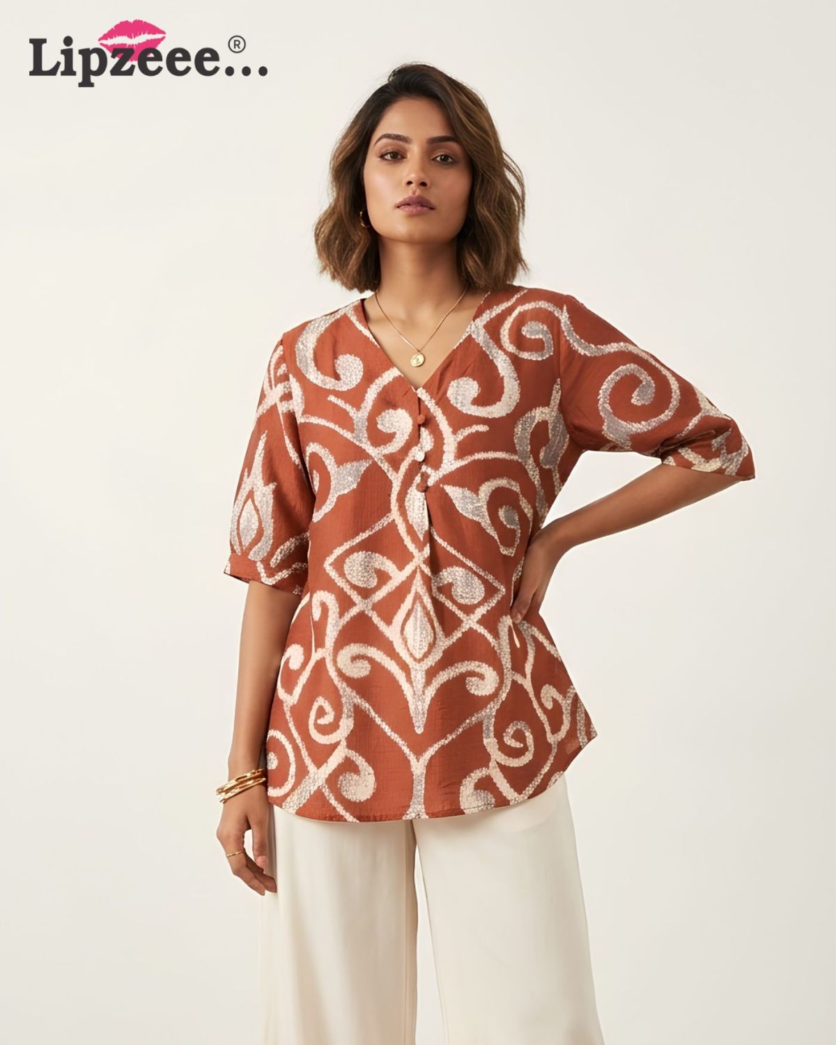 Premium Rust Brown Printed V-Neck Women's Top | Elegant Casual Wear