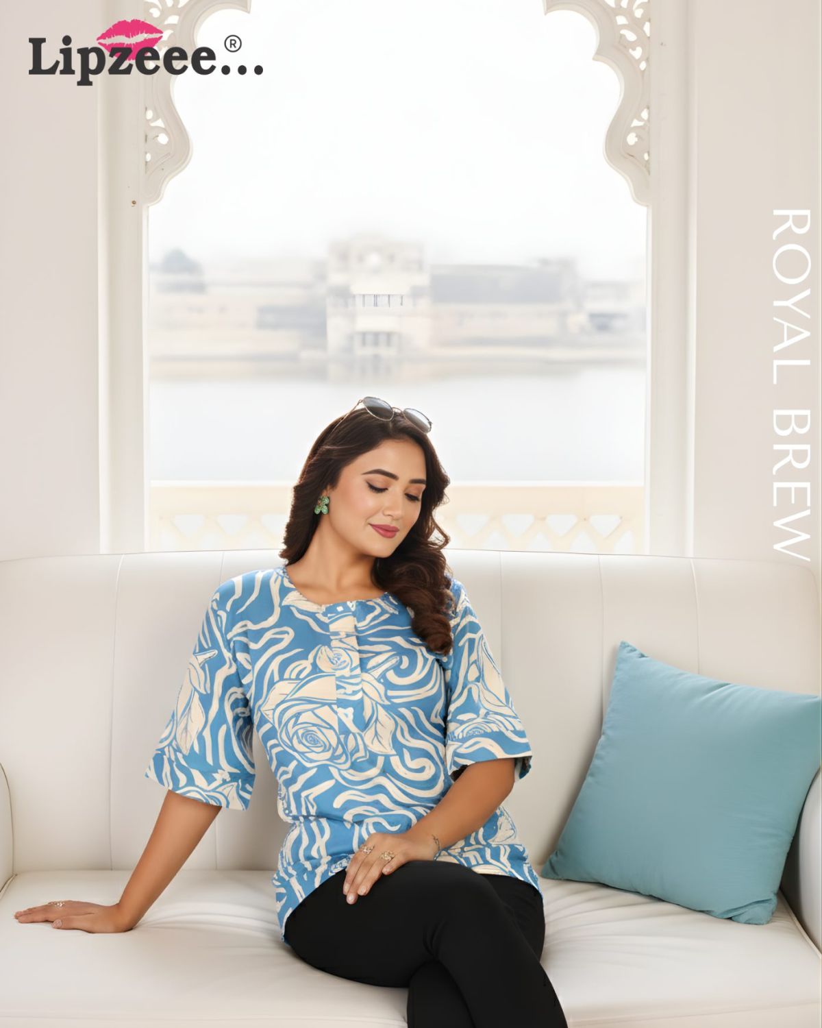 Premium Sky Blue Printed Women's Top | Elegant Casual & Office Wear