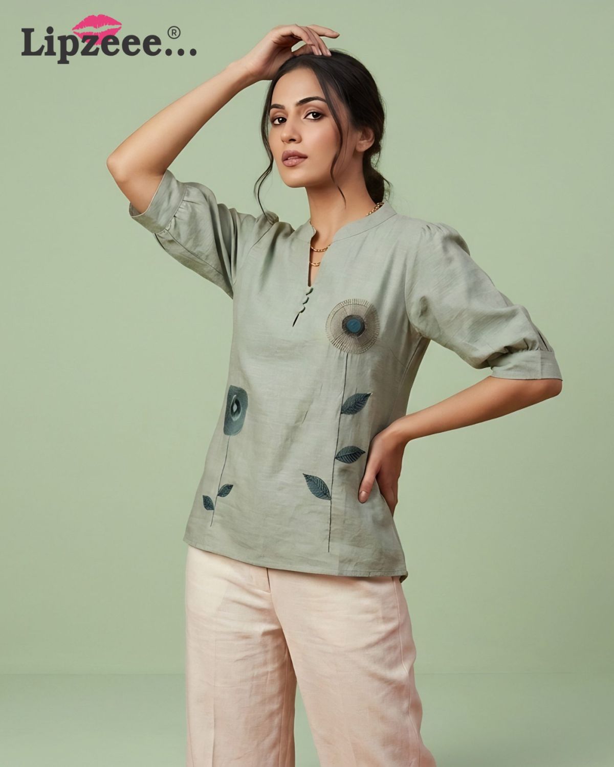 Premium Sage Green Embroidered Women's Top | Elegant Casual & Office Wear