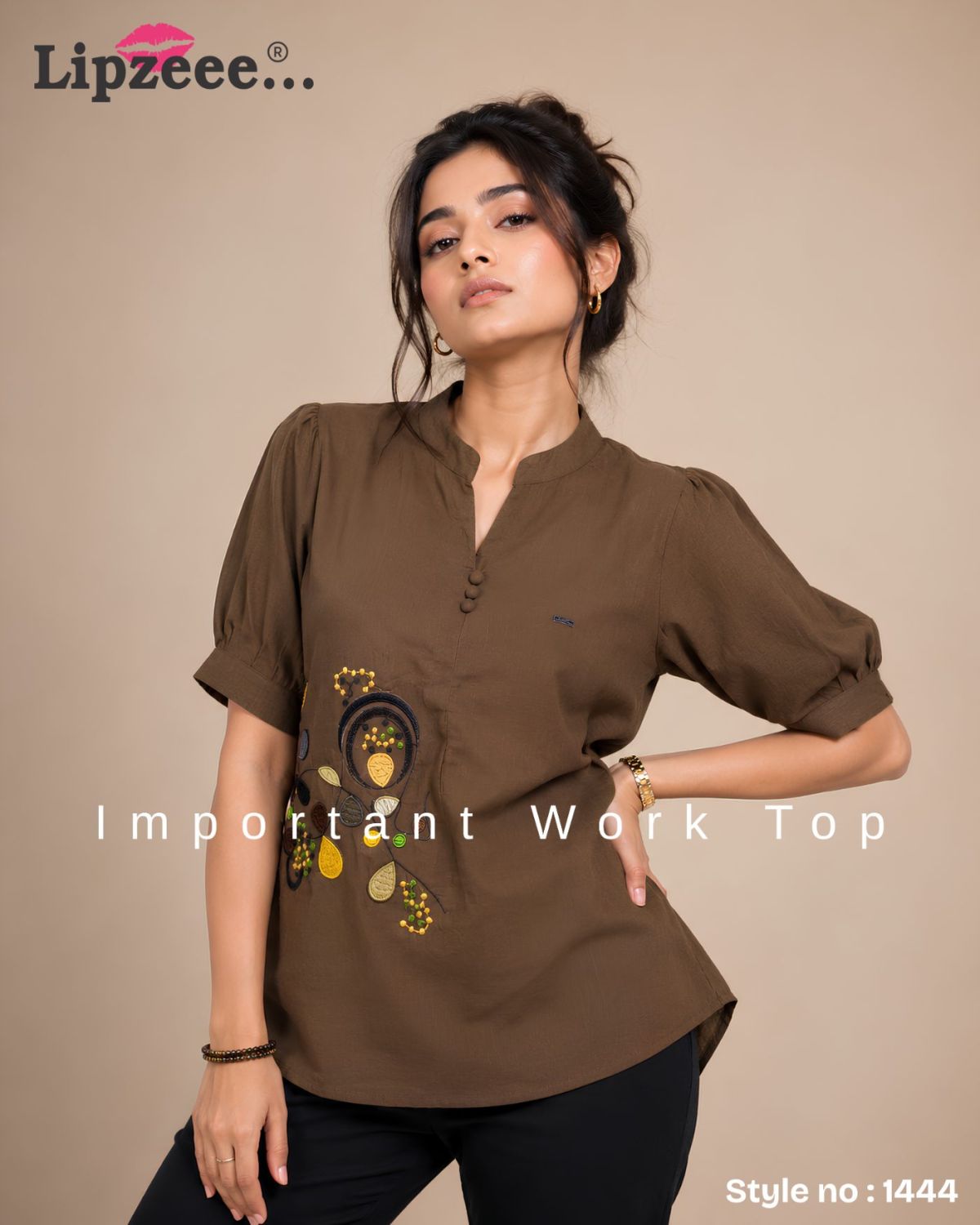 Premium Olive Brown Embroidered Women's Workwear Top | Elegant Office Wear